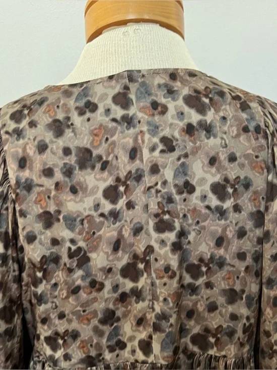 Boho Flowy Babydoll Dress Brown Floral Long Sleeve Mini Peasant Cottagecore - Picture 5 of 6